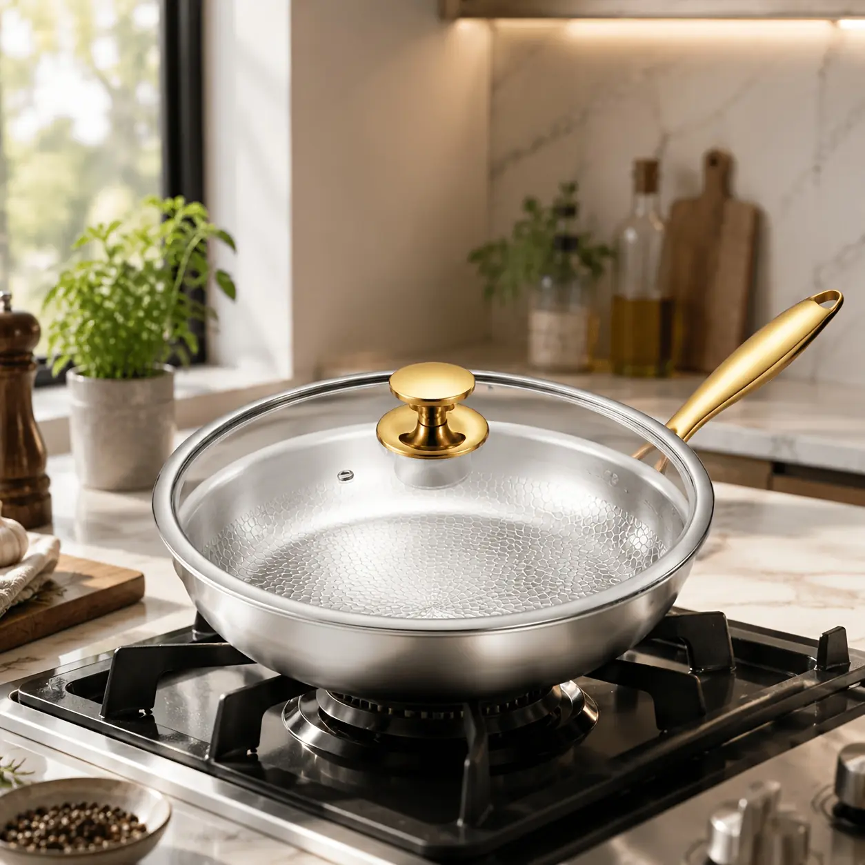 12.06 inch uncovered golden flat bottomed titanium alloy frying pan, non stick pan, easy to clean, suitable for gas stoves, induction cookers, electric ceramic stoves, etc., for different kitchen scenarios such as apartments and detached houses.It is the