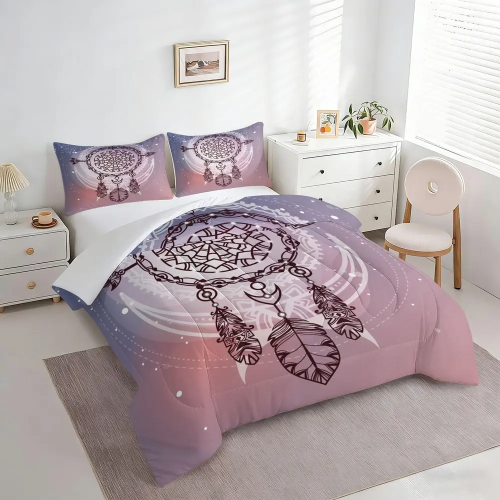 2/3Pcs Boho Dreamcatcher Comforter Set, Mystical Moon & Feather Bedding Set for Bedroom, Soft Quilt with Pillowcase, Aesthetic Indie Decor, Twin/Full/Queen Size Bedding Set No Pillow Core