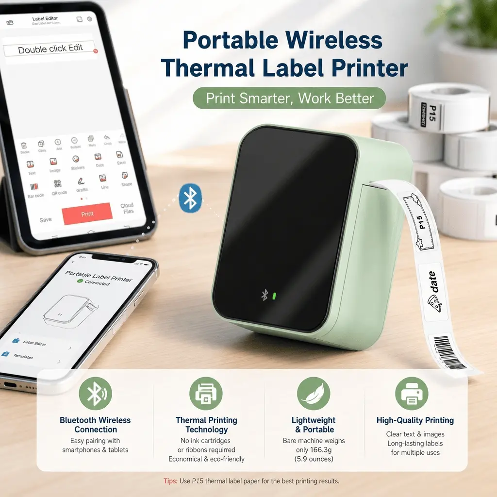 Portable Bluetooth Label Printer, Rechargeable Battery, Multiple Fonts, HD Durable Stickers, Compact & Lightweight, Organize Cables, Files, Containers, Students & Pros Love It, Wireless Thermal Printer.