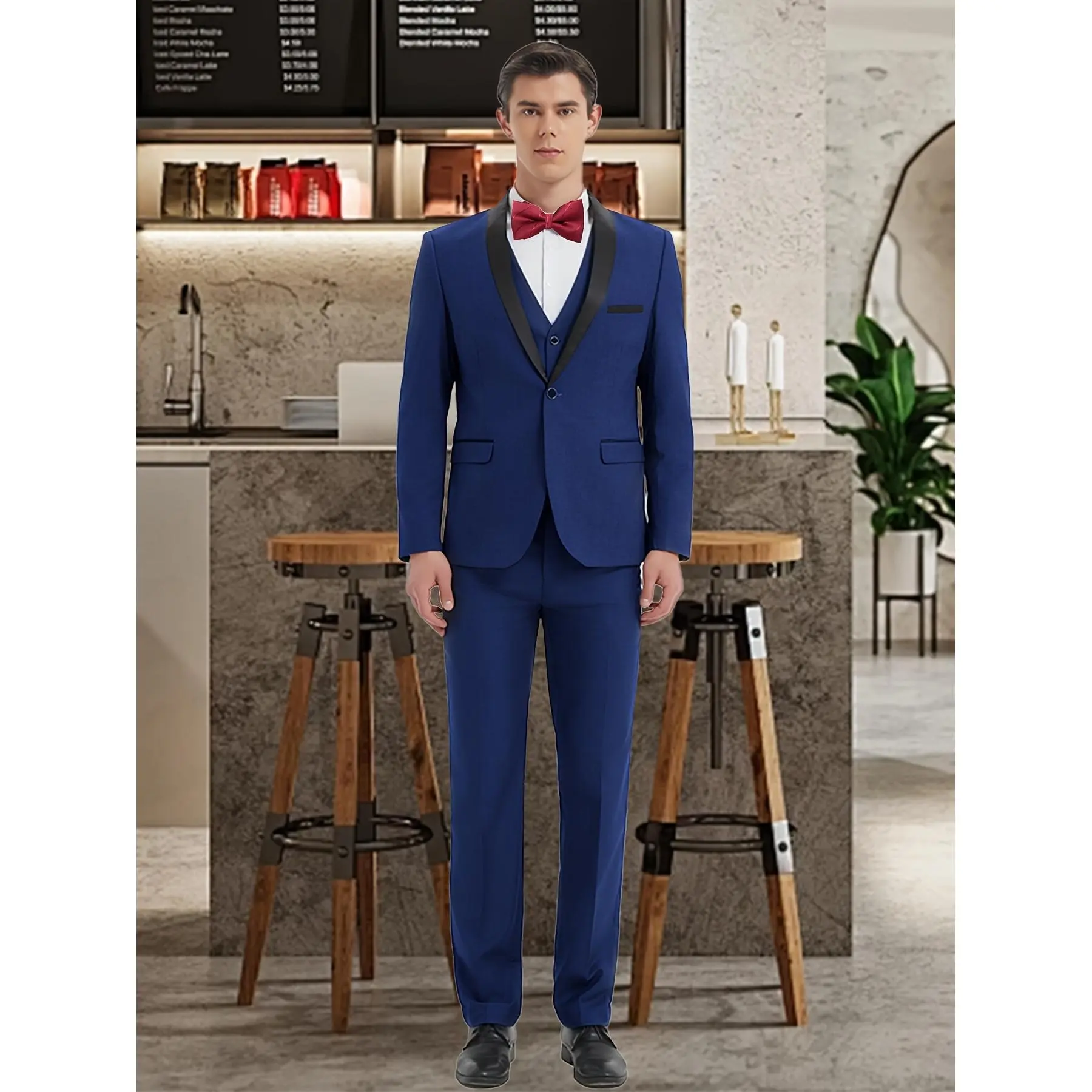 Men's 4-Piece Tailcoat Suit, Elegant Plain Rayon Fabric Formal Outfit for Evening Weddings, Fitted Long Sleeve Jacket with Buttons, Vest & Festive Red Bow Tie
