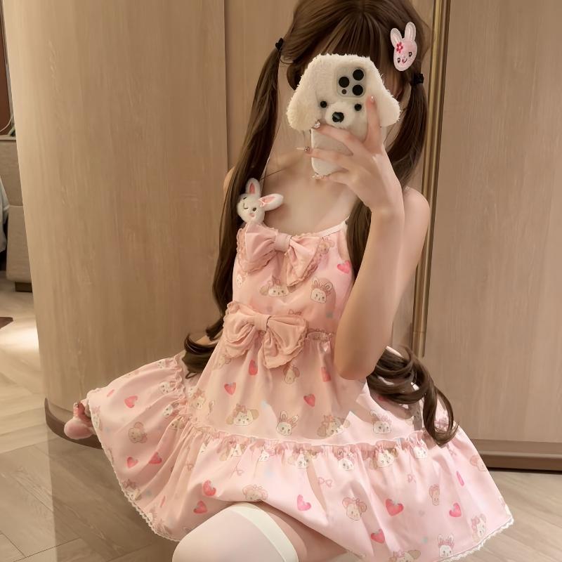 Kawaii Japanese Sweet Bow Sling Dress Women's Summer Lovely Strawberry Print Dresses Design Fashion Loose Pretty Princess Dress