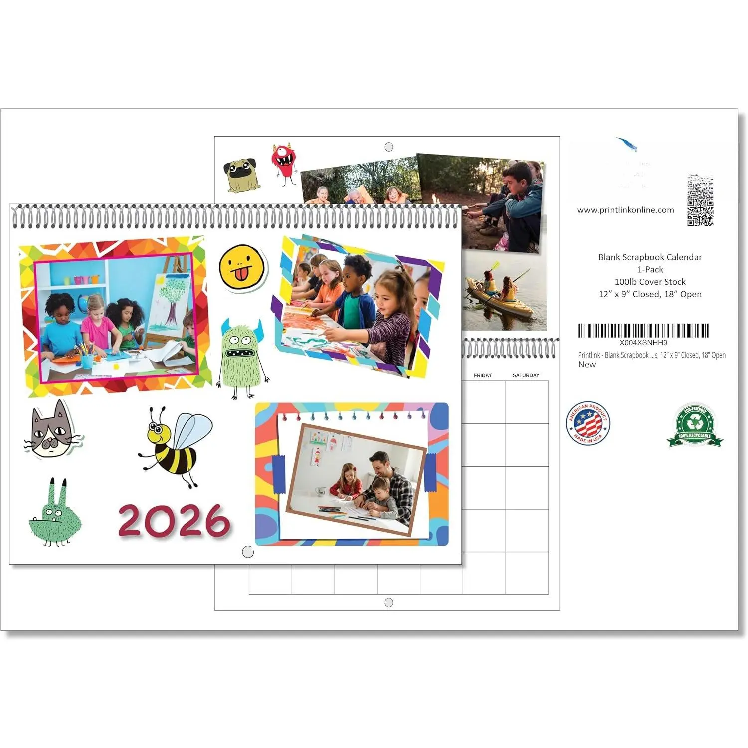 DIY Blank Scrapbook Wall Calendar – 12 x 9 Undated Monthly Craft Calendar – 100lb Heavyweight Paper  Markers & Photos – Opens to 12 x 18 Inches