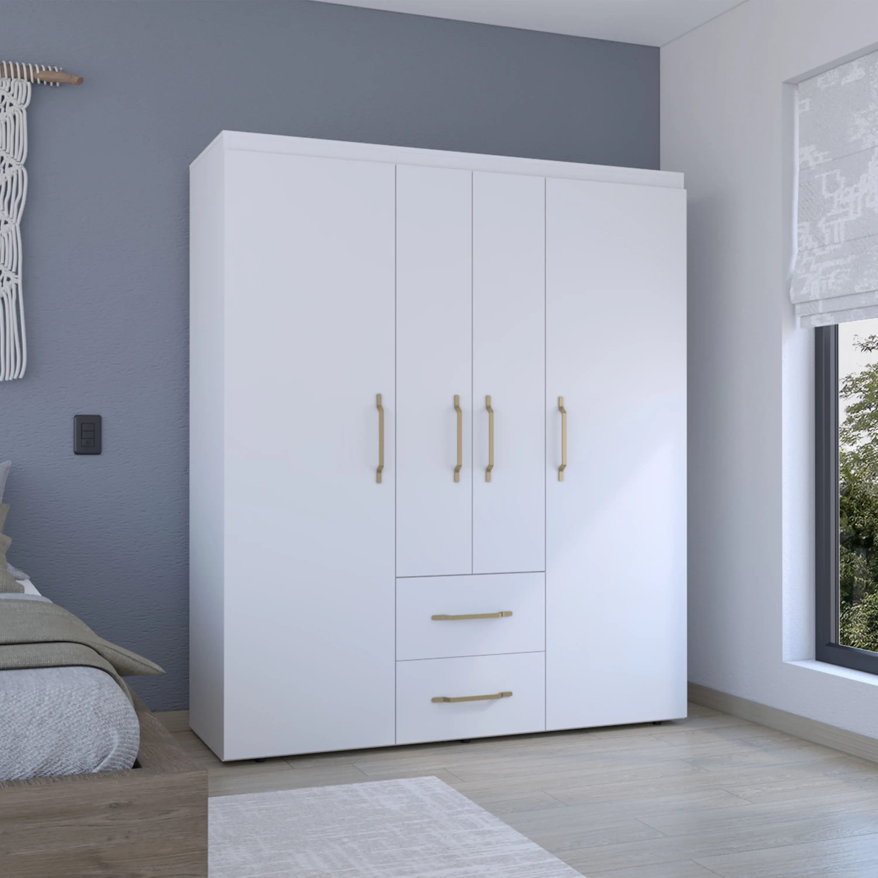 Nokaa White Wardrobe Armoire for Bedroom, Deluxe Closet Organizer with Hanging Rods, Shelves, Drawers, Metal Handles, High-Density Particle Board, 59.2W x 19.8D x 70H in, Easy Assembly, Multiple Storage Options