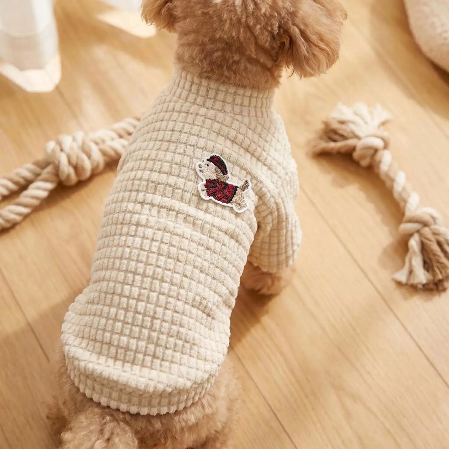 1PC Waffle Knit Dog Sweater With Cartoon Dog Embroidery Warm High Neck Pullover Pet Clothes For Small Medium Dogs Chihuahua Bichon