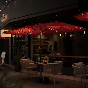 15FT Rectangular Solar LED Patio Umbrella with Matching Base, Built-in 48 Solar Powered LED Lights & 10 Heavy-Duty Support Ribs, Waterproof UPF UV Resistant Outdoor Sun Parasol for Patio Garden Pool Deck Backyard