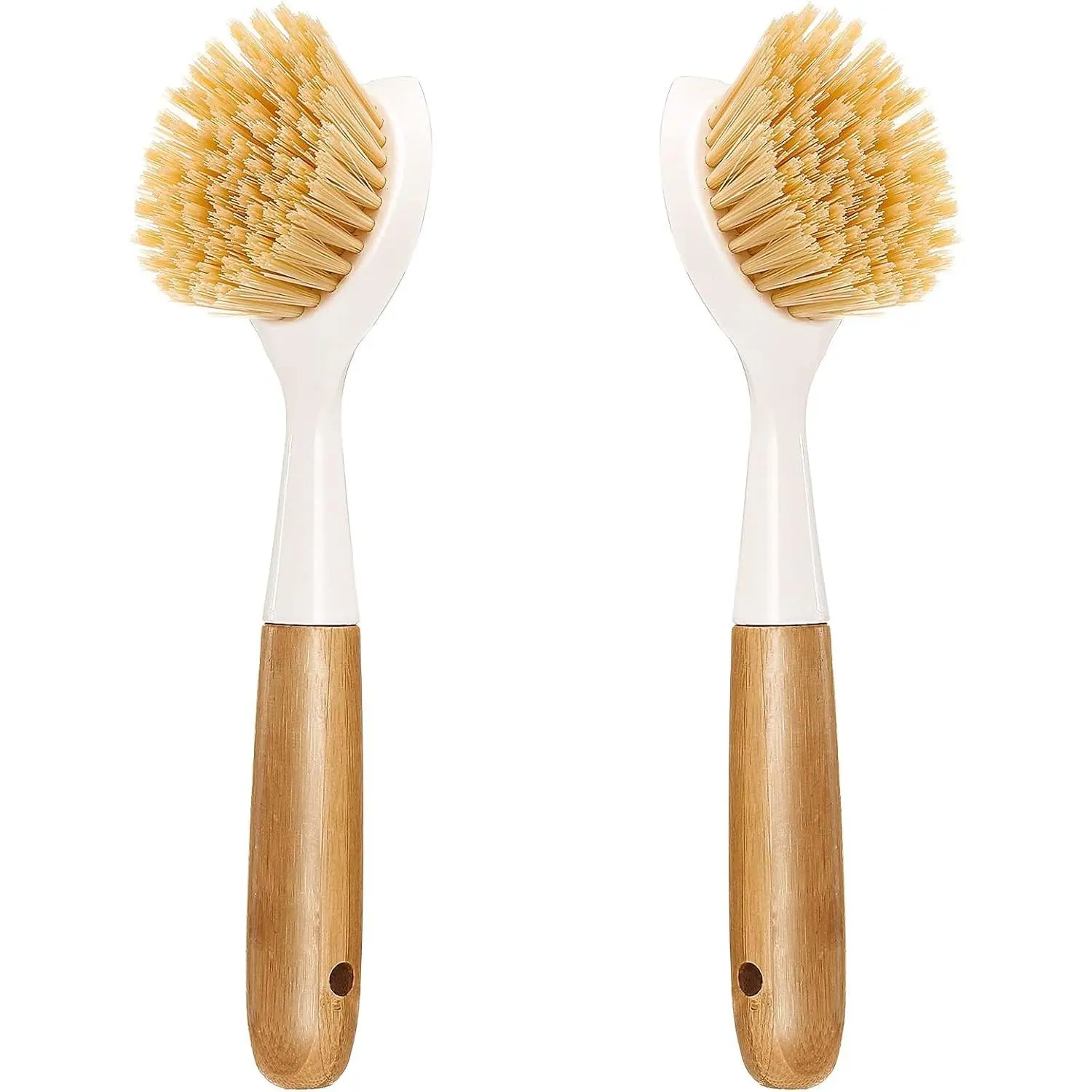 2 Pack Kitchen Dish Brush Bamboo Handle Dish Scrubber Built-in Scraper