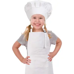 Kids Apron and Chef Hat Set, Adjustable Cotton Child Aprons with Large Pocket White Girls Boys Kitchen Bib Aprons Cooking Baking Painting
