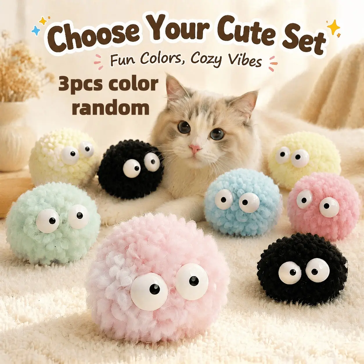 3pcs Cat Ball-Shaped Toys, Cute Large Eyes, Interactive Indoor Cat Supplies Playset, Random Colors, Relieves Boredom & Anxiety