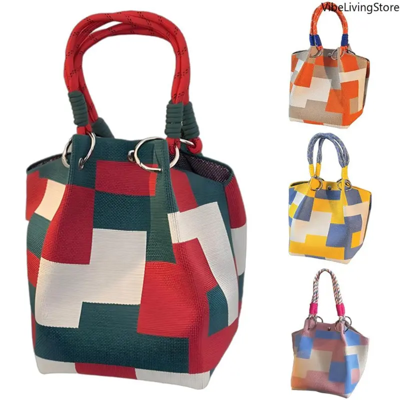Women Color Block Knit Bucket Tote Bag Adjustable Strap Metal Ring Snap Closure Versatile Daily Travel Handbag
