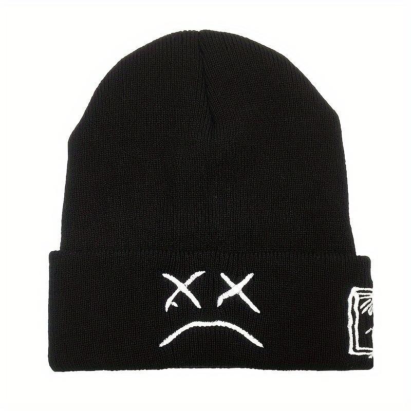 Sad Face Embroidered Beanie  – Stylish Unisex Hip Hop Knit Cap, Warm Black & White Cuffed Skull  for Winter, Trendy Streetwear Headwear for Men and Women, Daily Wear, Outdoor Activities, and Casual Outfits new adjustable hat Heart design wool western