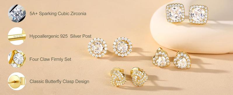 Trendy 4 Pairs Sterling Silver CZ Stud Earrings for Women 14K Gold Plated Brilliant Celtic Heart Big Stud Earrings Set Cubic Zirconia Earrings Studs for Sensitive Ear