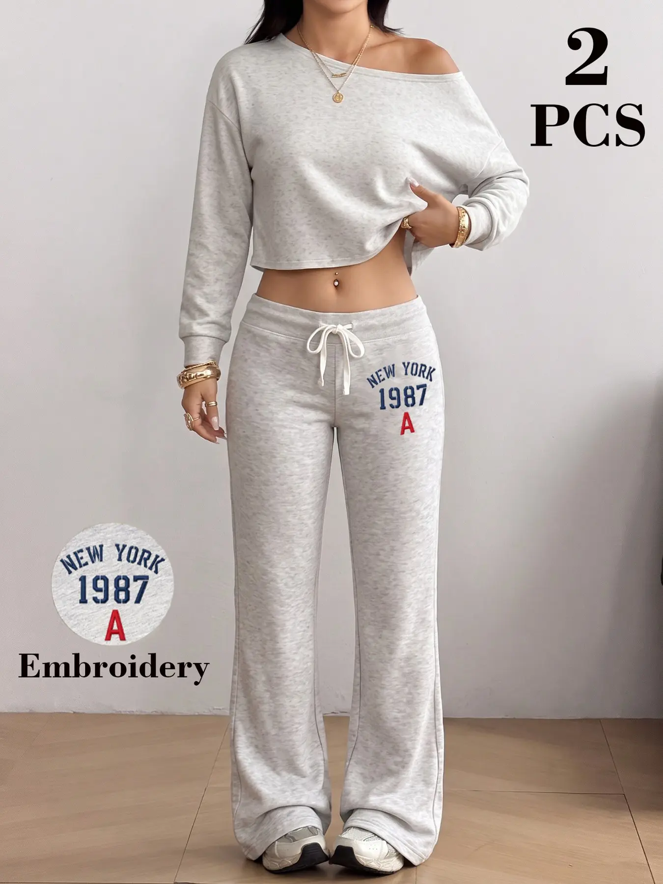 Women 2 Piece Sets Off‑Shoulder Cropped Long Sleeve Top & Embroidery Flare Sweatpants Outfit, Slouchy Boat Neck Crop Blouse, Soft Stretchy Heather Fabric, Drawstring High Waist Flared Pants, Trendy Y2K Retro Streetwear, Chic Loungewear Tracksuit