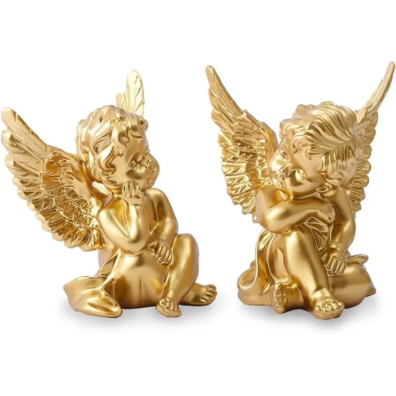 2 Cherubs Angels Resin Statue Figurine, Indoor Home Decoration, Adorable Angel Sculpture Memorial Statue 4" - Gold