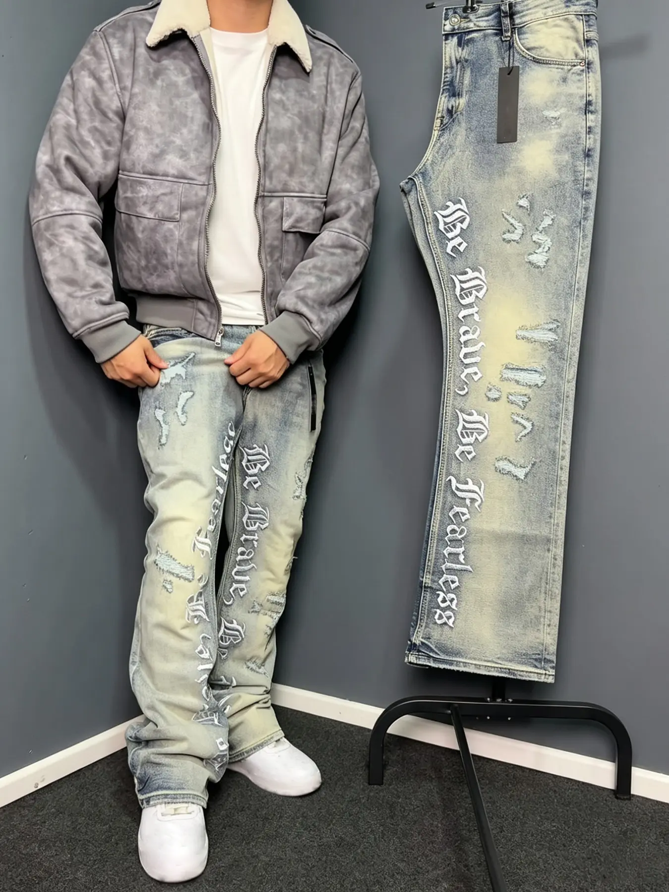 Men's Embroidered Jeans, Micro Flare Denim Jeans, Letter Stitching, Tight Fit, Ripped Bell Bottoms, Washed Y2K Style, All Seasons