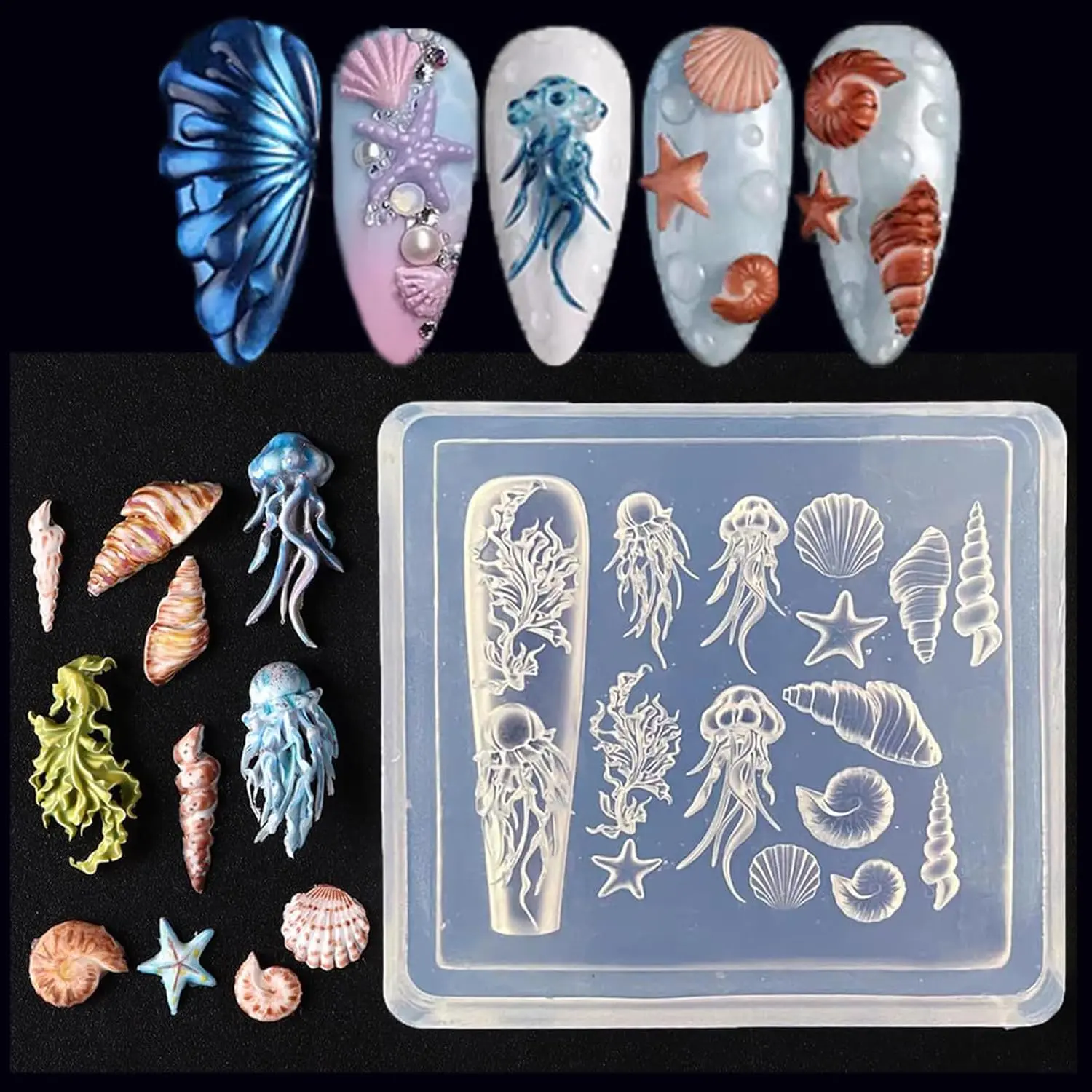 Nail Art Silicone Mold Ocean Sea Themed Conch Starfish Octopus Shell 3D Carving Mould Resin Mold for Manicure Jewelry Making