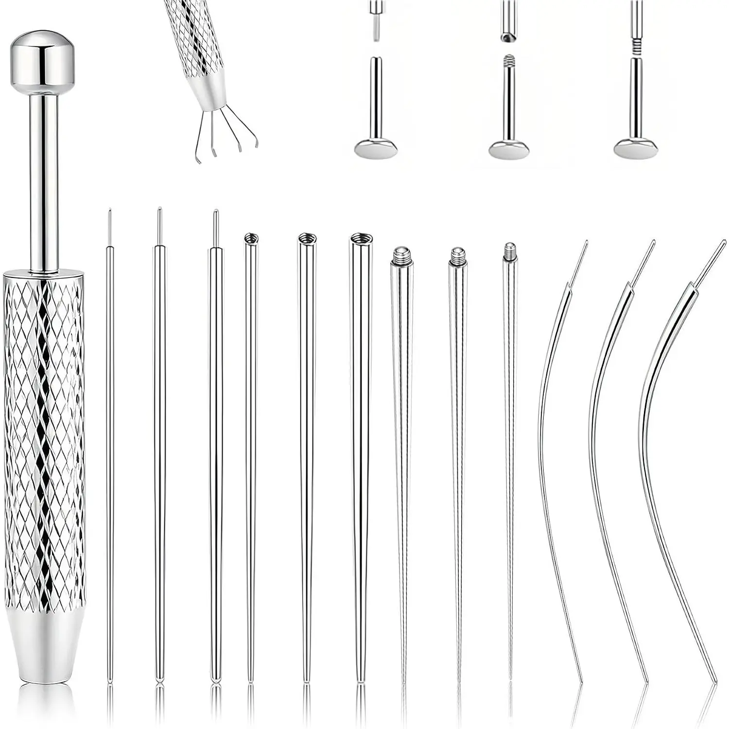 Stainless Steel Piercing Tapered Ball Grabbing Tool for Jewelry Replacement, 14G-20G Flat Back Earring Applicator, Internal/External Threaded Body Piercing Needle Kit for Ear/Nose/Navel/Nipple/Lip/Eyebrow/TongueGift