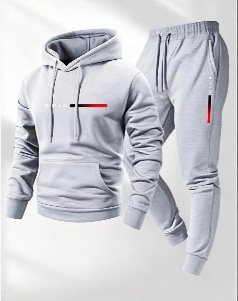 Men's Casual Hoodie Tracksuit 2 Piece Set - Light Gray Fashion Letter Print Sweatshirt + Drawstring Jogger Pants Sportswear for Daily/Leisure