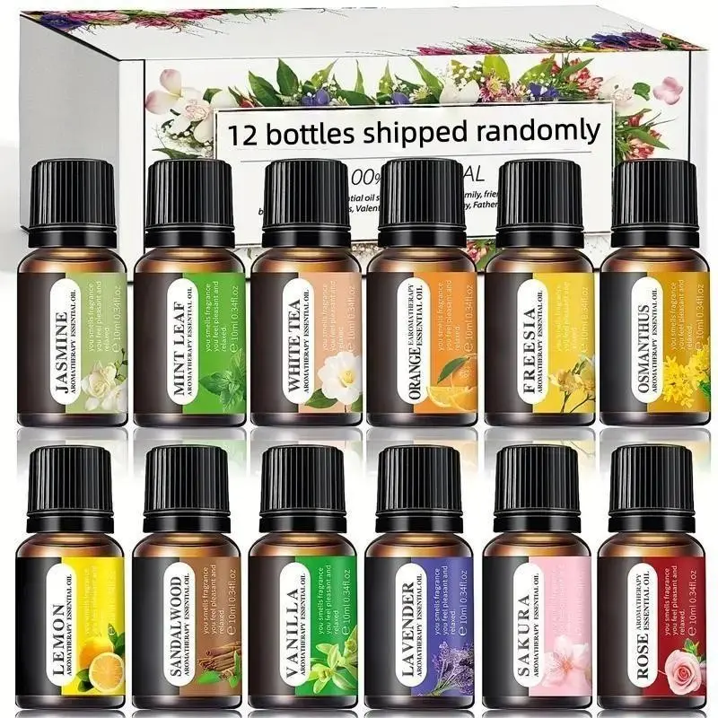 12 Bottles Essential Oil Set, Home Care, Aromatherapy, Humidifier, Diffuser, Gift, Mint, Tea, Lavender, Lemon, Jasmine, Vanilla, Cherry Blossom, Rose, Orchid, Sandalwood, Jasmine