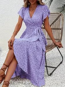 Bohemian Vacation Maxi Dress, Small Floral Print, V-Neck, Cardigan Style, Tie Waist, Short Sleeve, Perfect for Summer
