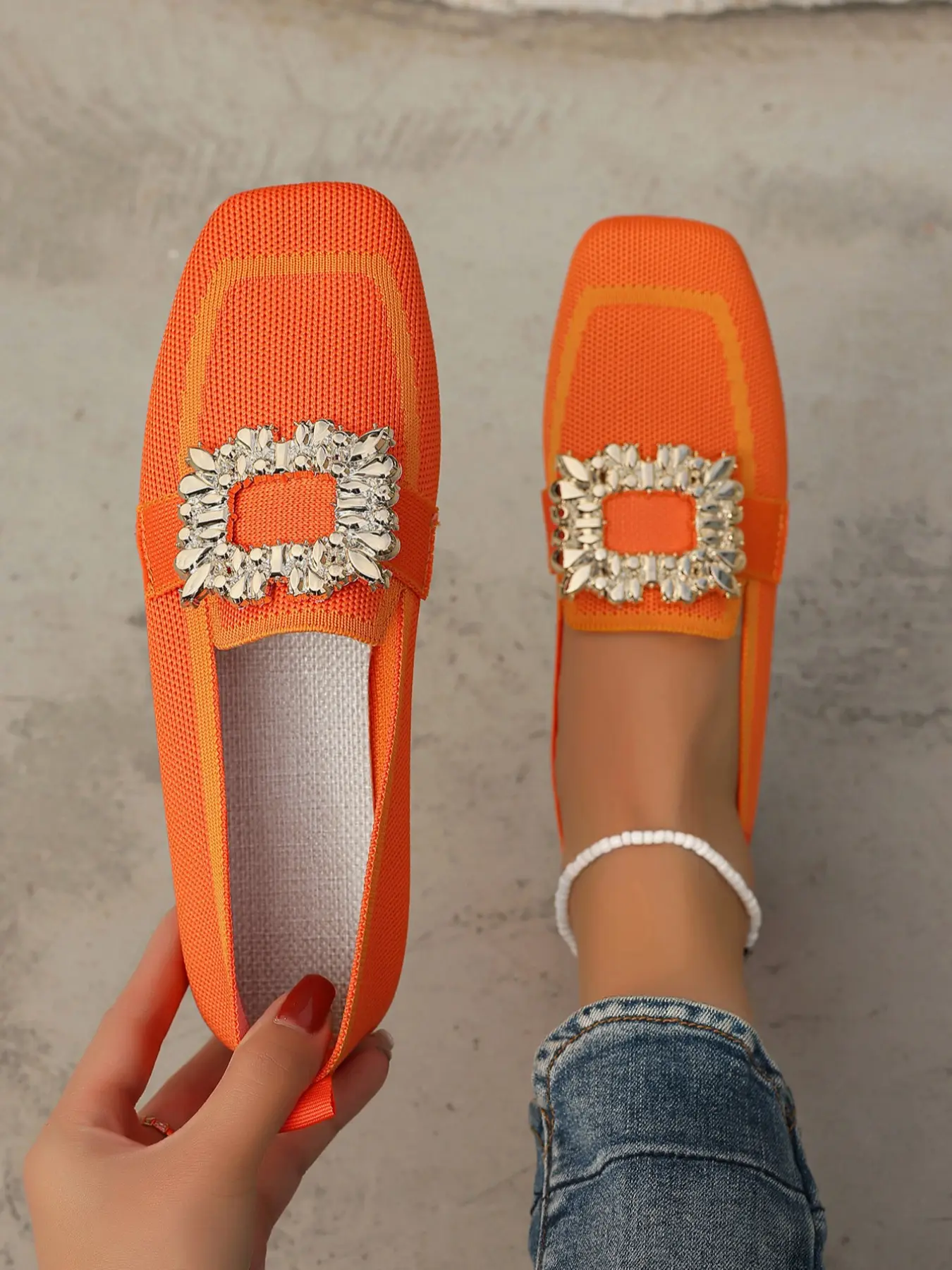 Women's Breathable Lightweight Flat Shoes, Glossy Square Buckle Design, Slip-On Comfortable Casual Fall Shoes, Ideal for Daily Commute and Shopping