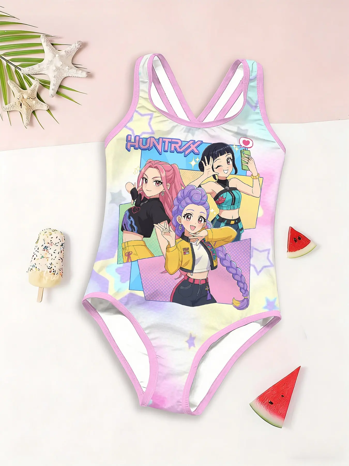 Girls' One-Piece Swimsuit, Macaron Color Block Cartoon Print, Cross Back Straps, Casual Loose-Fit, Beach & Poolwear, All Seasons