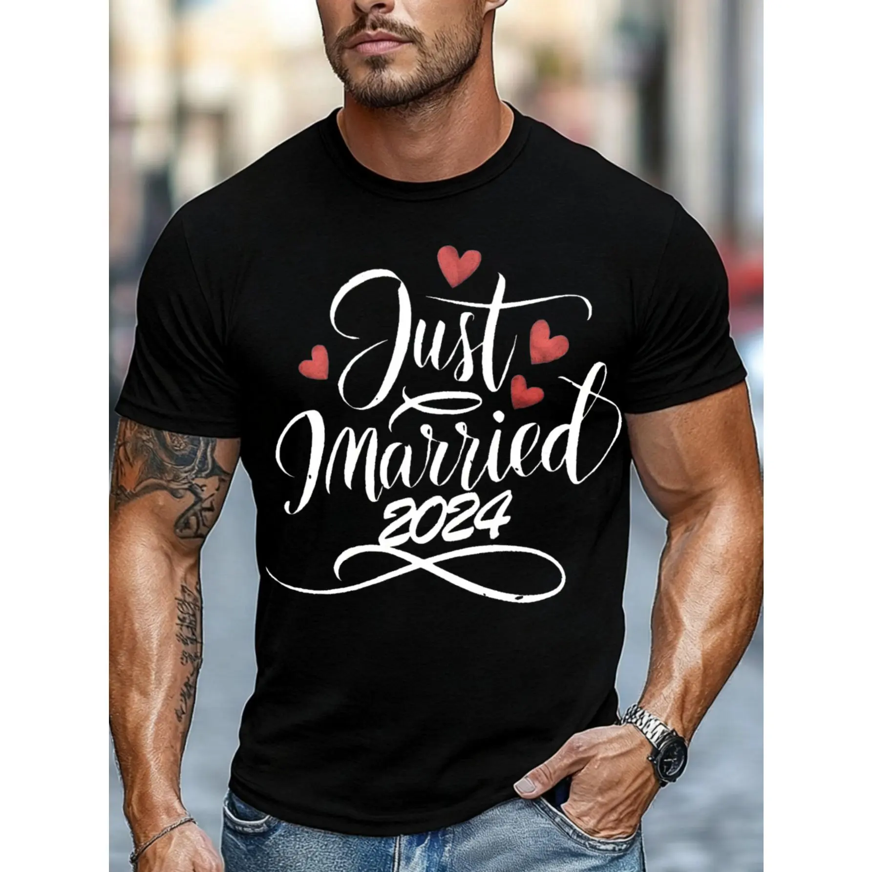 Men's Casual Streetwear Fashion Short-Sleeve Unisex T-Shirt - 2024 Just Married With Hearts Design, Wedding Celebration Summer Wear, Newlywed Husband/Groom Gift