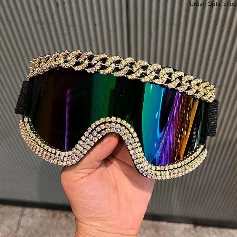 Glamorous Rhinestone Ski Goggles with Gold Chain, Iridescent Mirror, UV400 Protection, Peppy Romantic Ethnic Rave Sunglasses, Christmas, Party, Engagement, Anniversary, Style, Accessories, Design