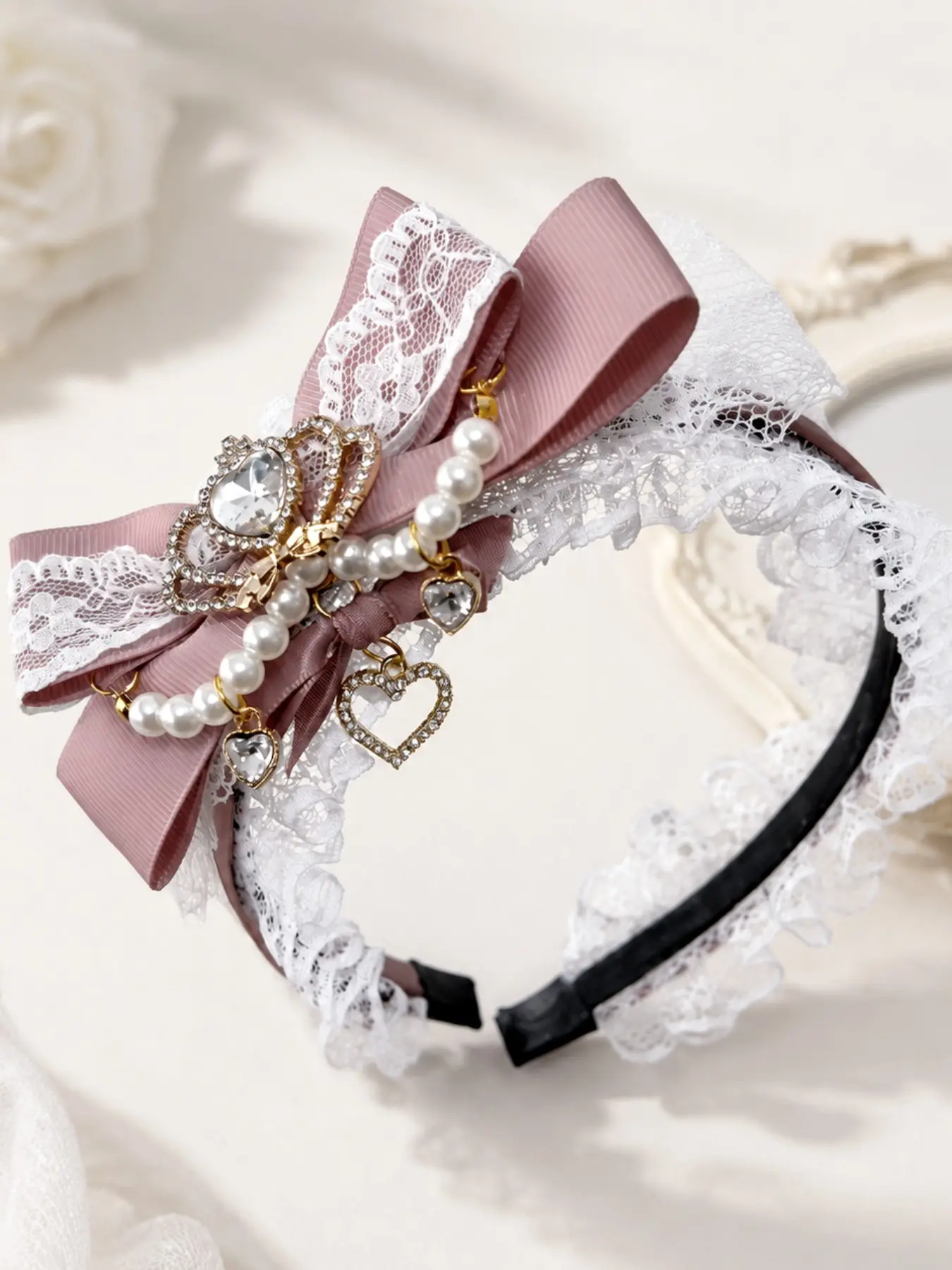 Sweet Lace Bow Hairband, Ribbon Pearl Heart Rhinestone Hair Tie, Cute Victorian Role Play Headband, Girl Gothic Princess Hair Accessory