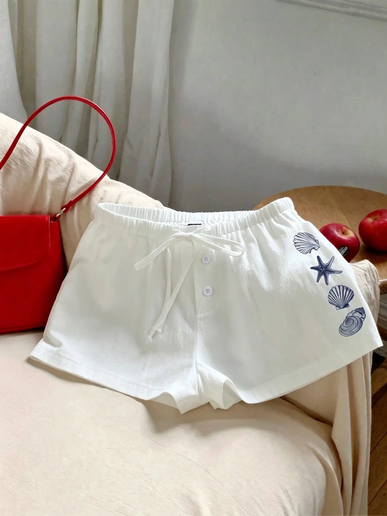 1 Pc Women's Starfish & Seashell Print Drawstring Elastic Adjustable Waist Casual Shorts, Boho Style Bohemian Loose Hot Pants For Summer Vacation And Daily Street Outfits Bottoms
