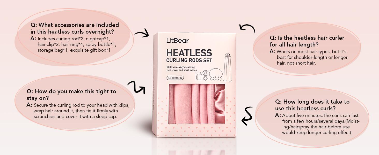 Heatless Curls Overnight, 2 Sizes of Soft Hair Rollers for Women with Bonnet to Sleep In, No Heat Hair Curlers Set with Scrunchies and Clips, for Long and Medium Hair (Pink)