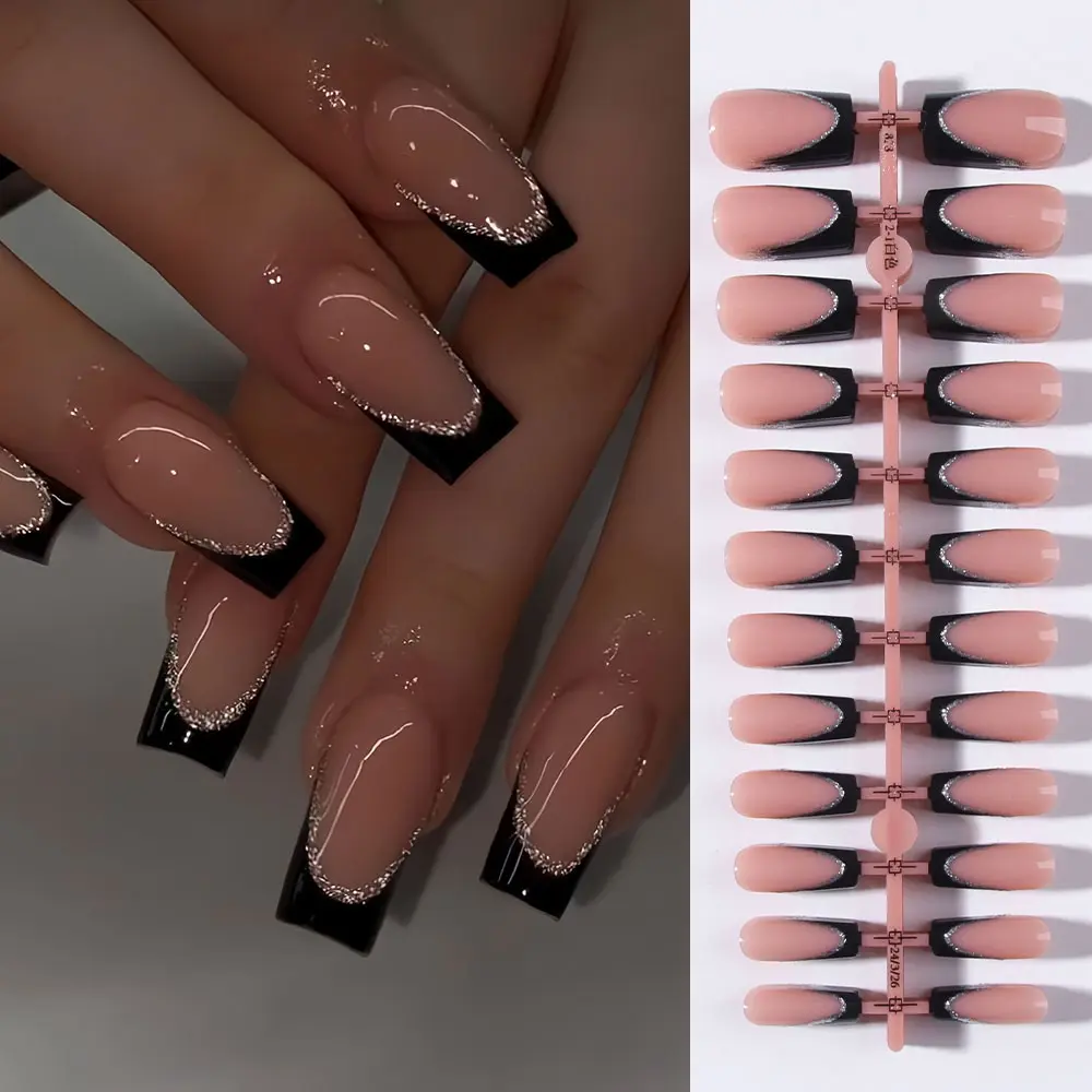 120pcs Long Square Press-On Nails, French Edge, Sparkle Design, Acrylic Material, Includes Jelly Glue and Nail File