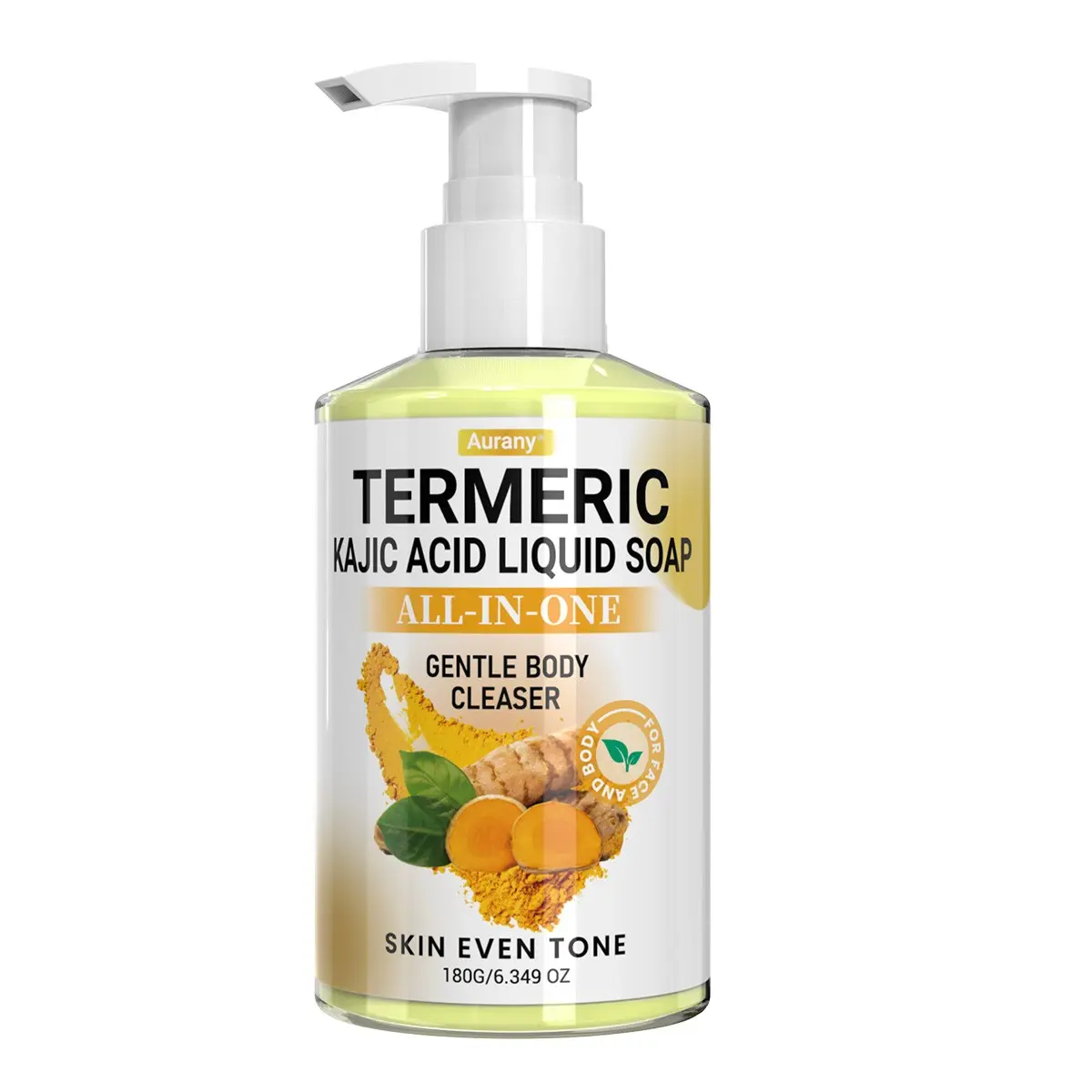 Curcumin Acid Soap, Facial Cleansing Soap, Body Cleansing Soap, With Turmeric & Kojic Acid Extract, Daily Body Care, Moisturizing & Cleaning, Can Clean Hair, Face And Body, Suitable For All Light Beige Skin Types, Pump Head Bottle Liquid Soap. 180g
