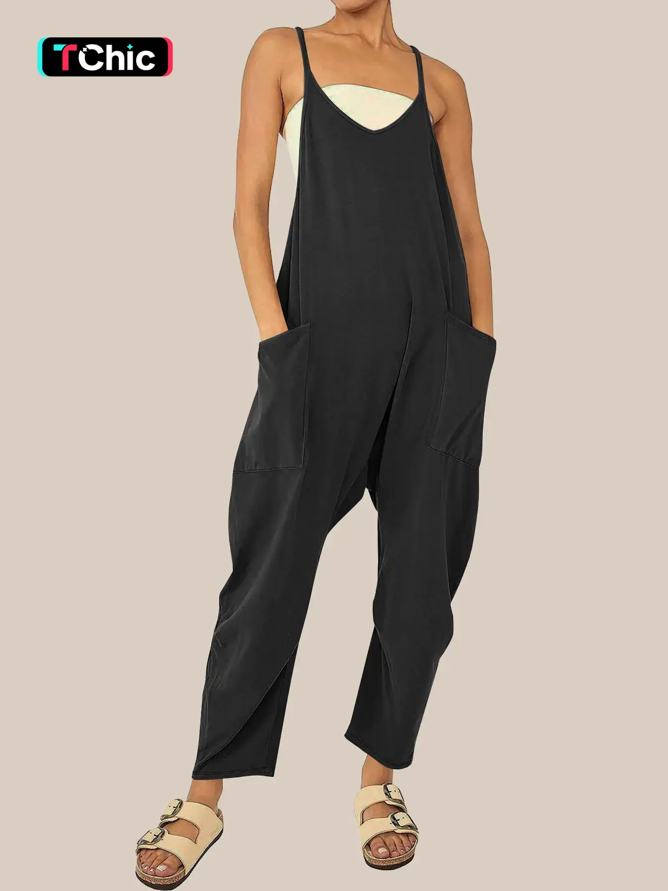 Women's Solid Color Pocket V Neck Overall Jumpsuit without Tube Top, Casual Basic Adjustable Spaghetti Strap Sleeveless Overall Jumpsuit for Summer, Fashion Women's Clothing for Daily Wear