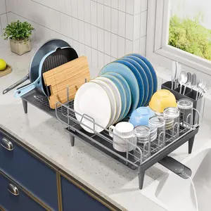 Large Dish Drying Rack, Expandable Dish Rack for Kitchen Counter, Multifunctional Dish Drainer, Organization and Storage Essentials with Cup & Cutlery Holders, 16.7"-26.8" L x 12.6" W, Gray