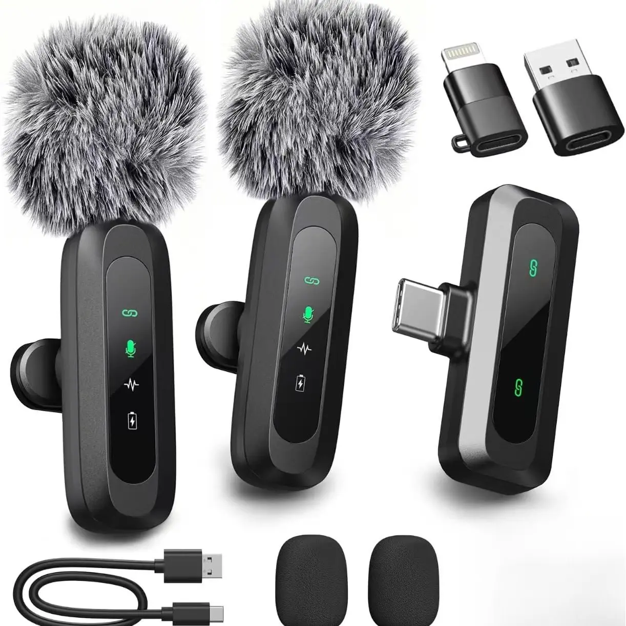 Two-Pack Wireless Lapel Microphone, Noise-Reducing Mini Clip-On Mic for Apple, Android, Type-C, Ideal for Short Videos, Podcasts, Video Recording