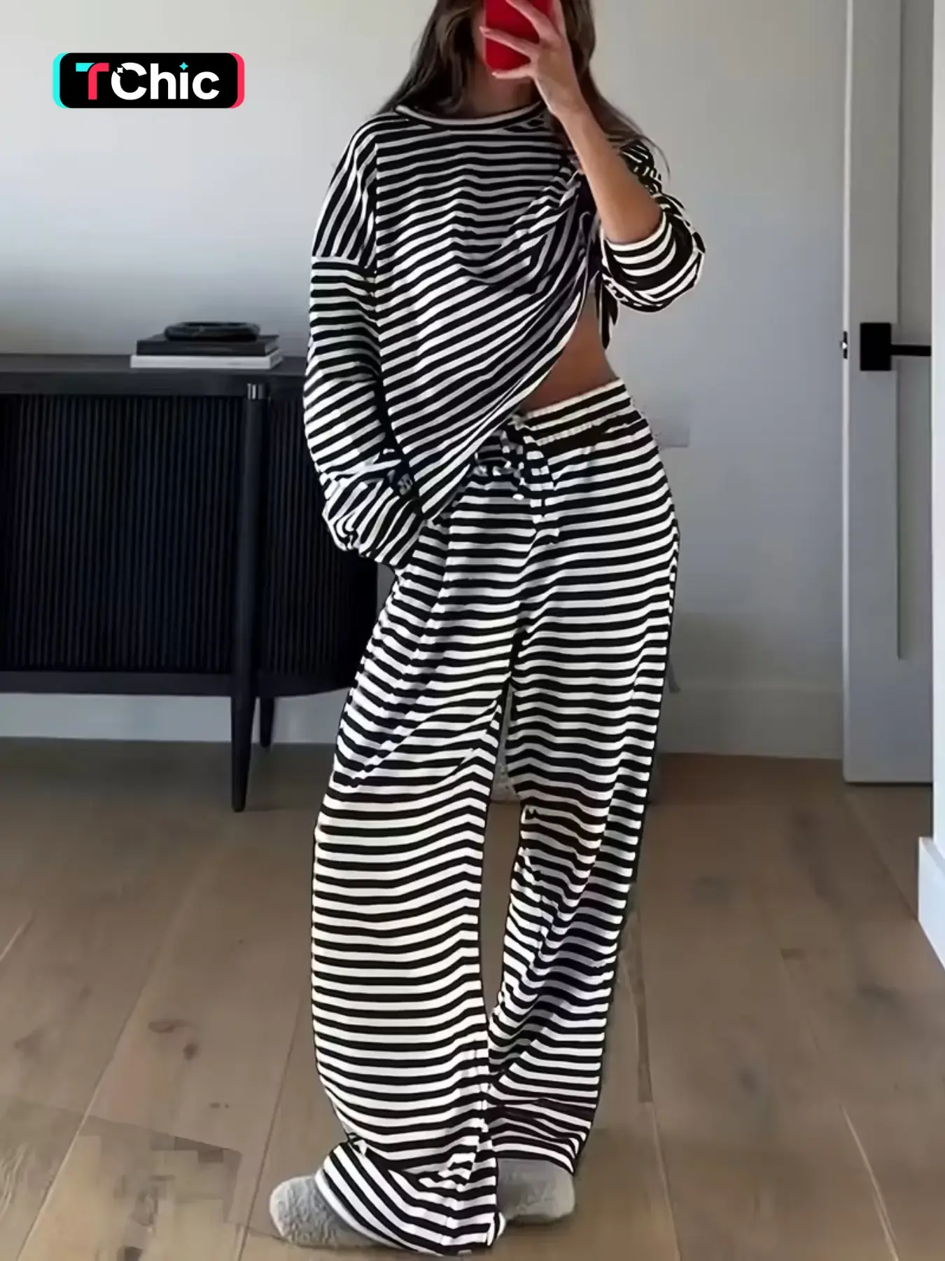 Women's Striped Casual Everyday Set, Outfit, Long Sleeve Loose T-Shirt and Pants, Spring and Fall Home Wear, Leisure and Sports, Womenswear