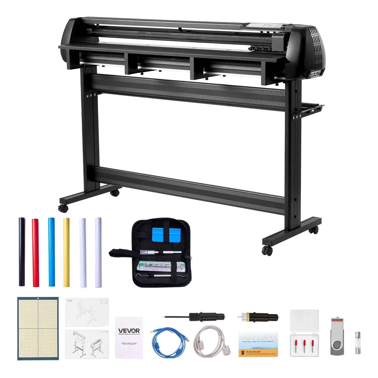 VEVOR Vinyl Cutter Machine - 53 inch (1350 mm) Max Feed Width, Dual Blades, Adjustable Force & Speed, LED Display, Bundle with Sticker Sheets, Sticker Paper, Transfer Film, Adhesive Vinyl, Signmaster Software for Car Decals, DIY Projects, Plastic, Aluminu