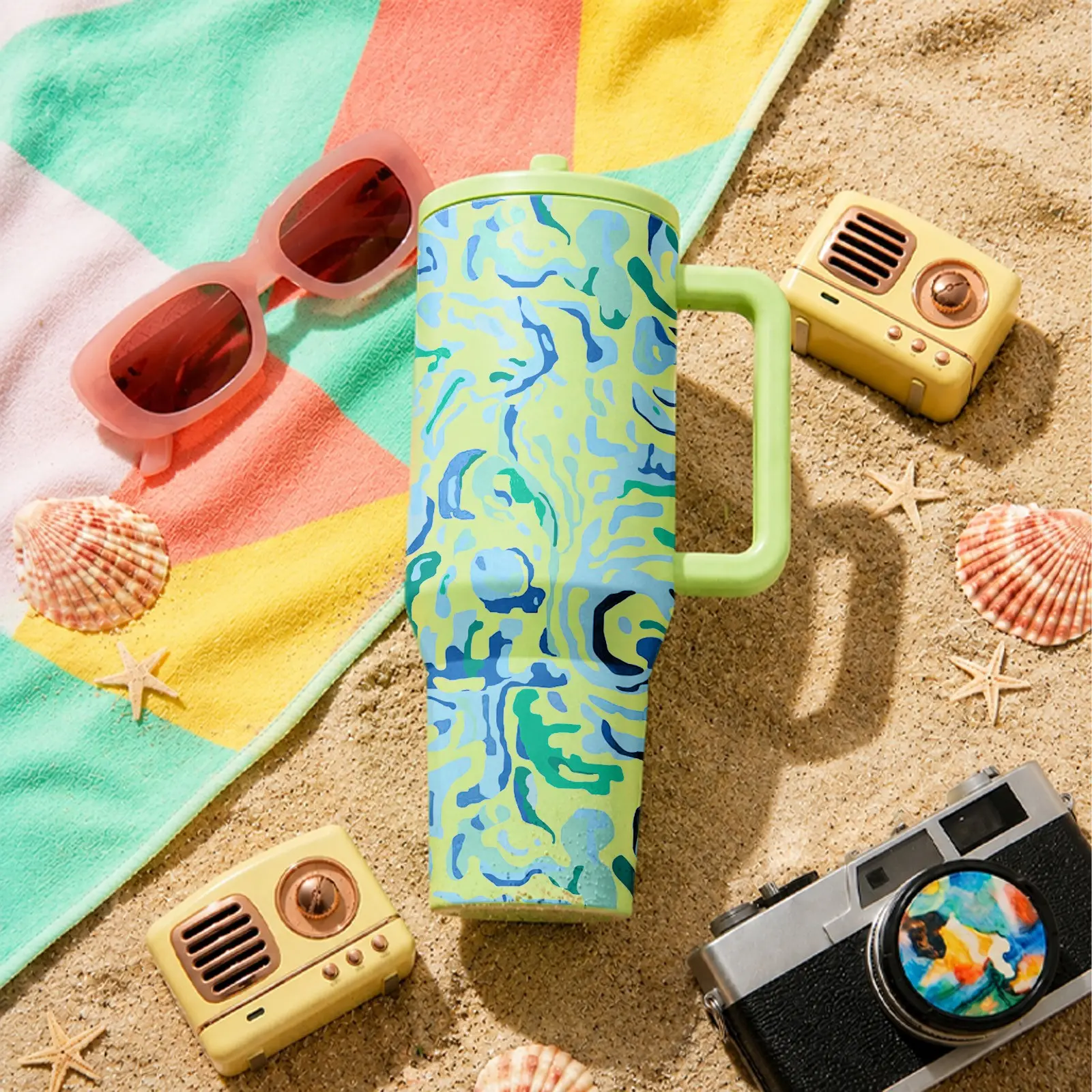 1PC Ocean Wave 40oz Tumbler Aesthetic Blue Green Marble Water Design, Stainless Steel Insulated Vacuum Tumbler Cup with Handle & Straw Lid, Leakproof Travel Mug Flask for Iced Coffee, Water, Summer Adventures & Everyday Hydration Drinkware