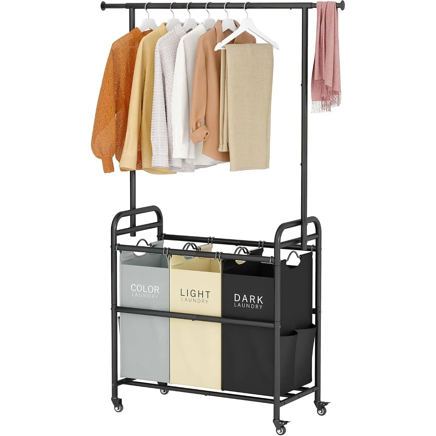 Laundry Sorter Cart with  Clothes Rack, 3 Section, 3 Colors | 135L Laundry Sorter Hamper Cart with Heavy Duty Rolling Lockable Wheels and Removable Bags for Laundry Room, Apartment