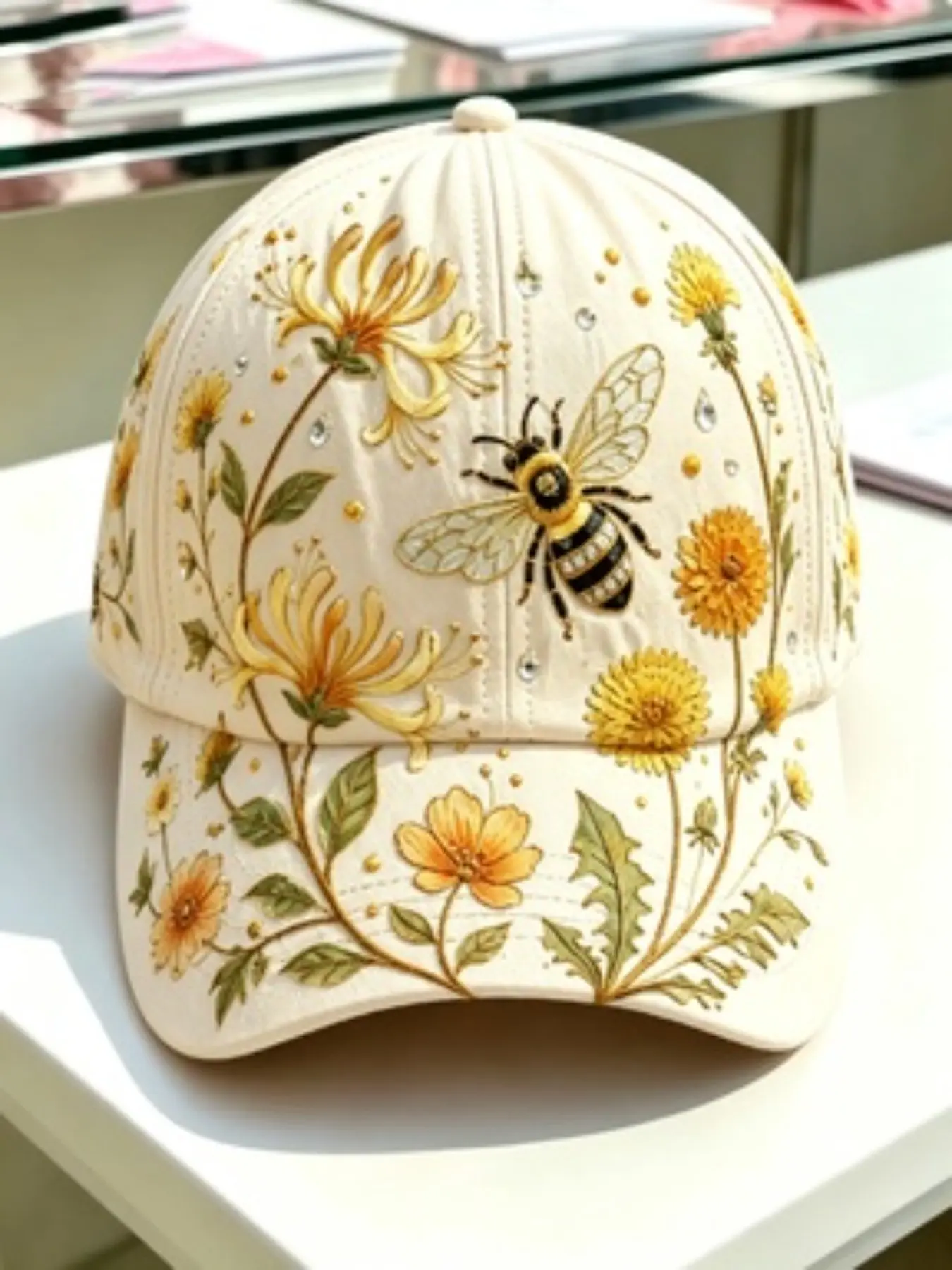 Vintage Floral Bee Print Baseball Hat, Fitted Sun Protection Cap, Fitted Structure, Casual All-Season Accessory, Trendy European Style, Casual Summer Hat