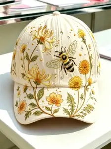 Vintage Floral Bee Print Baseball Hat, Fitted Sun Protection Cap, Fitted Structure, Casual All-Season Accessory, Trendy European Style