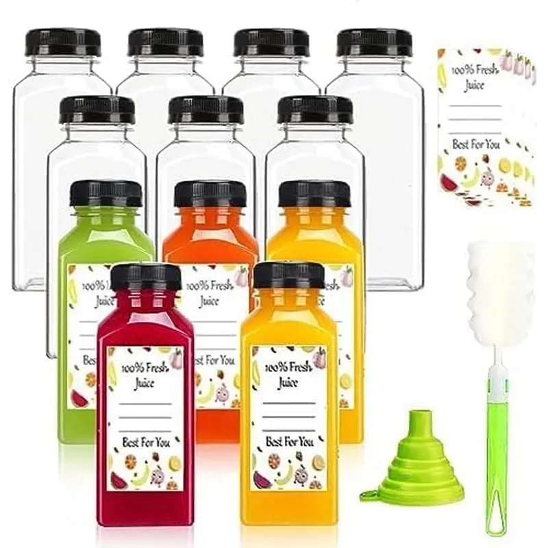 12 Pack 8 oz Plastic Juice Bottles with Black Tamper-Evident Caps, Clear Reusable Drink Containers for Juicing, Smoothies, Milk and Meal Prep
