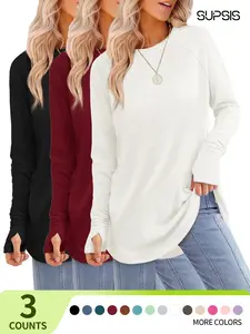 2026 Women's Casual Loose-Fit Tunic Top, Long Sleeve Thumbhole Shirt, Crew Neck Design, All-Season Comfortable Fabric,spring break outfits,spring fashion, Basic, Womenswear, Lady