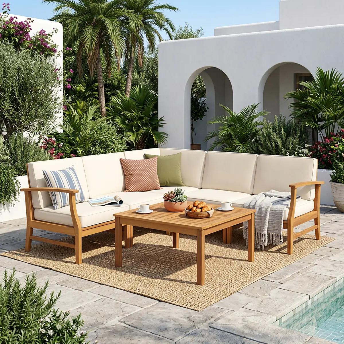 Christopher Knight Home Perla Cream Acacia Wood 6-Piece Waterproof Coastal Sectionals, Tough Weatherproof Material Outdoor Furniture Set, Assembly-Required Outdoor Seating Solutions