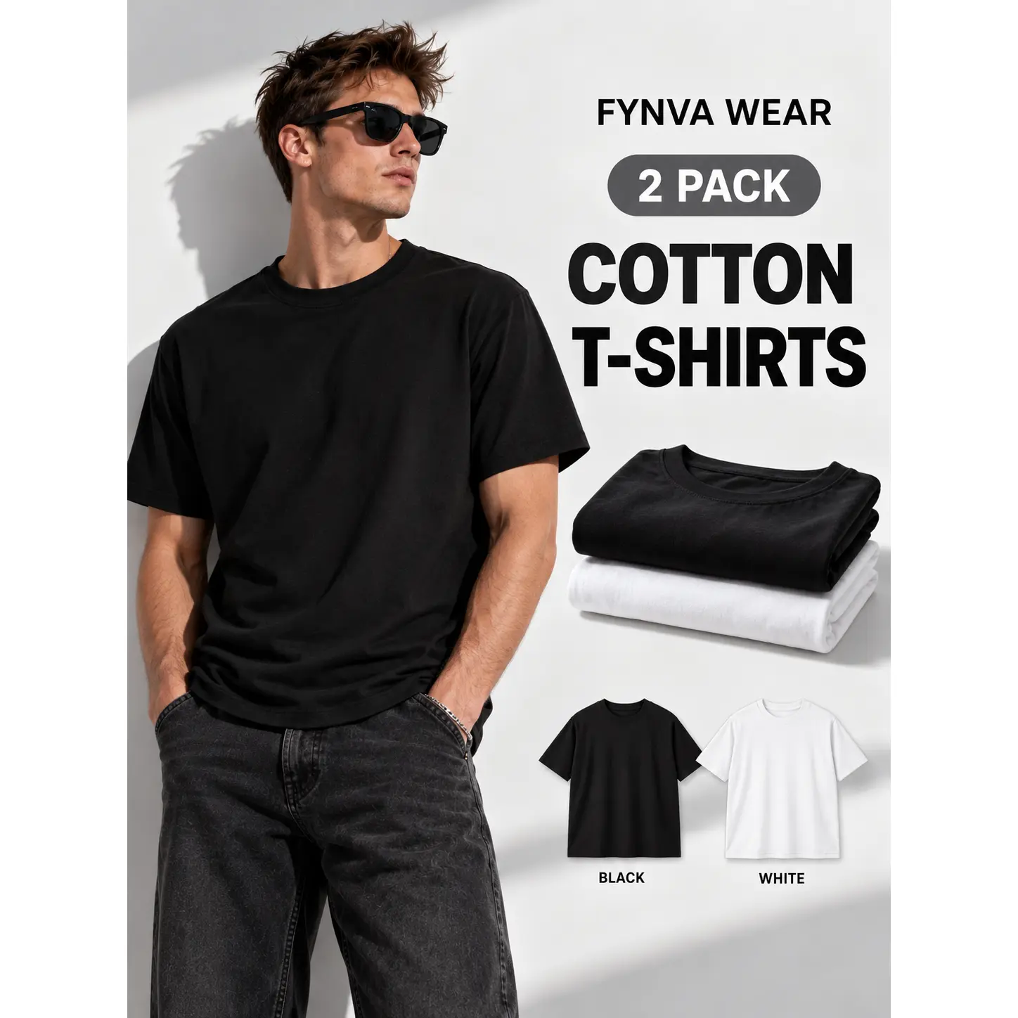 Men's 2-Pack Unisex 100% Cotton Plain Crew Neck Short Sleeve Solid Tees - 1 Black & 1 White, Breathable Loose Baggy Oversized Tops, Casual Summer Outfits, All Seasons Wear