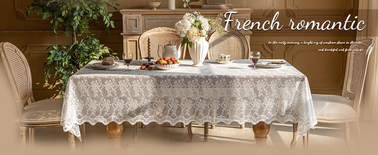 Lace Tablecloth Embroidery Floral, Table Cloth Rectangle Table with Wavy Openwork,Tablecloths for Wedding,Afternoon Tea,