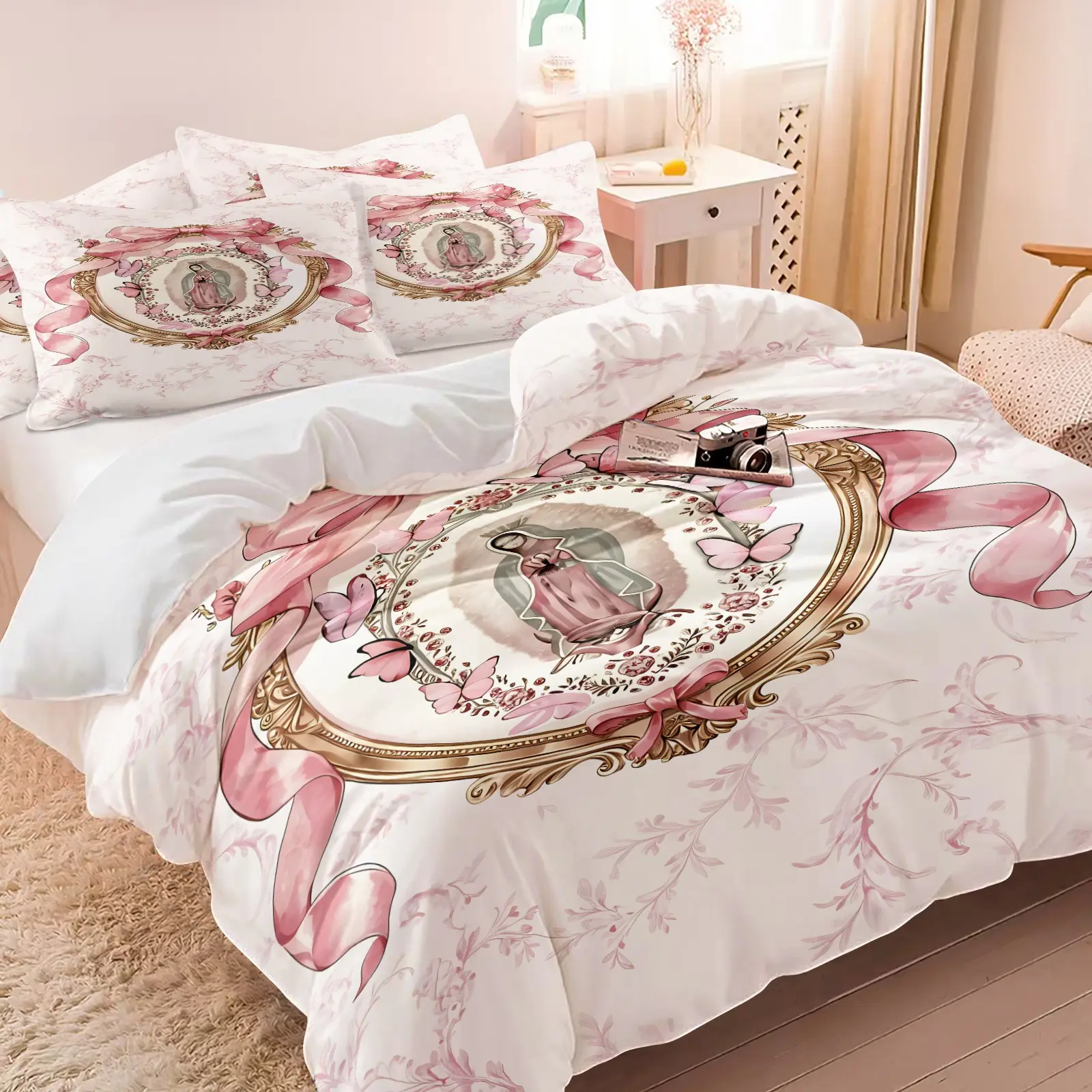 3 Pieces Coquette Guadalupe Virgin Mary Decorative Bedding Set, HD All Season Printing, 1 Duvet Cover + 1/2 Pillowcases Without Filler, Pastel Our Lady of Guadalupe with Pink Bow Print Decor Bedding for Home & Dorm, Soft Bedding Sets