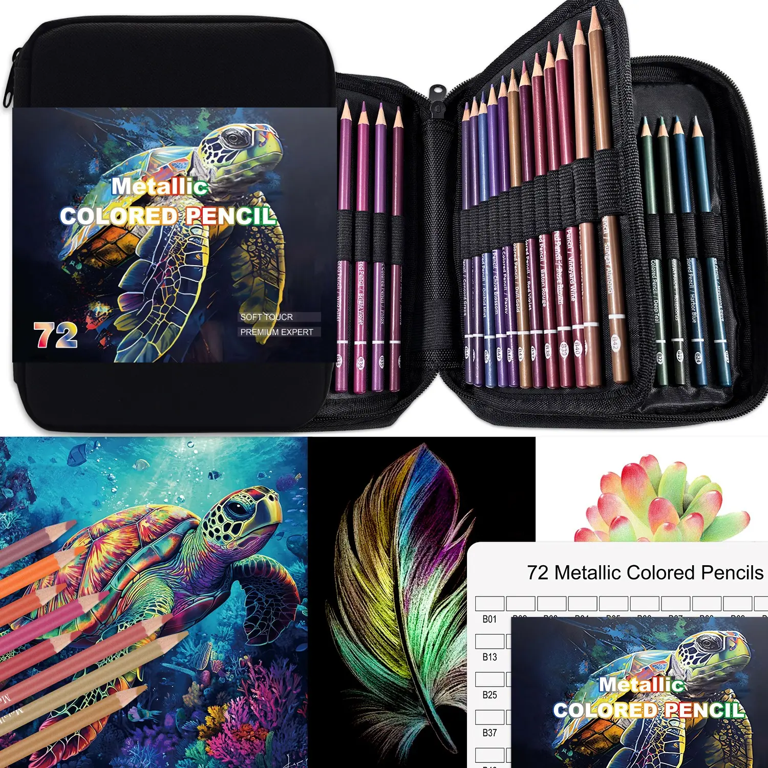 72 Metallic Premier Colored Pencils, Soft Core, Assorted Colors, Limited Edition, Adult Coloring, Drawing, Art Supplies, Zipper Case