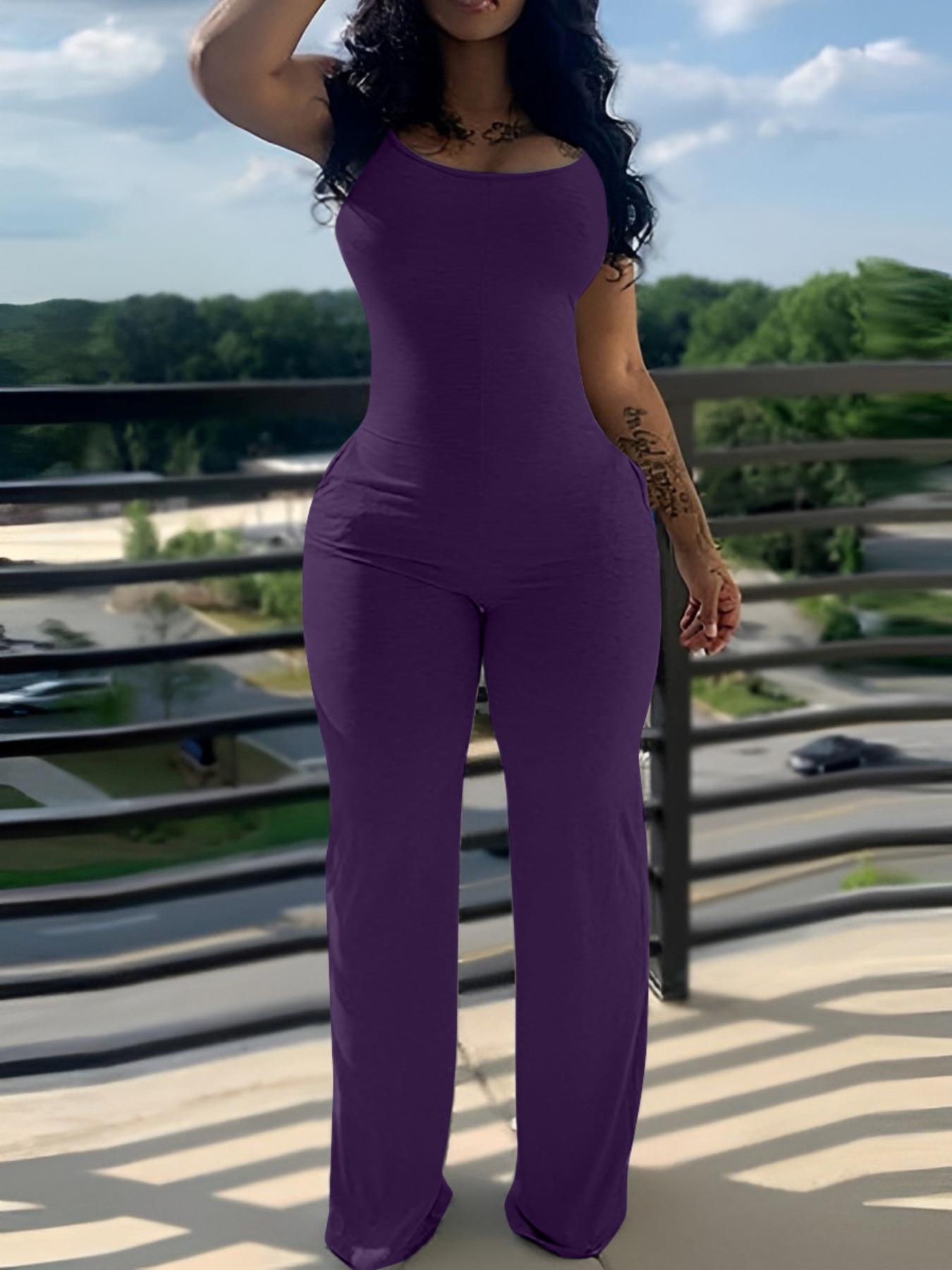 Women's Solid Pocket Scoop Neck Jersey Jumpsuits, Casual Sleeveless Jumpsuit for Fall & Winter, Women's Clothes for Daily Wear