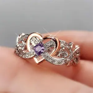 925 Sterling Silver Shining White Rose Princess Diamond Ring X Ring Cubic Zirconia Promise Rings CZ Heart-Shaped Rose Gold Two-Tone Zircon Ring Engagement Wedding Band Ring for Women